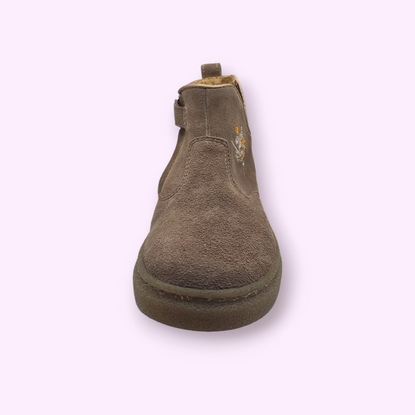 LOU kinderschoenen taupekleurige suède enkellaarsjes voor kinderen met geborduurd bloemendetail en flexibele zool