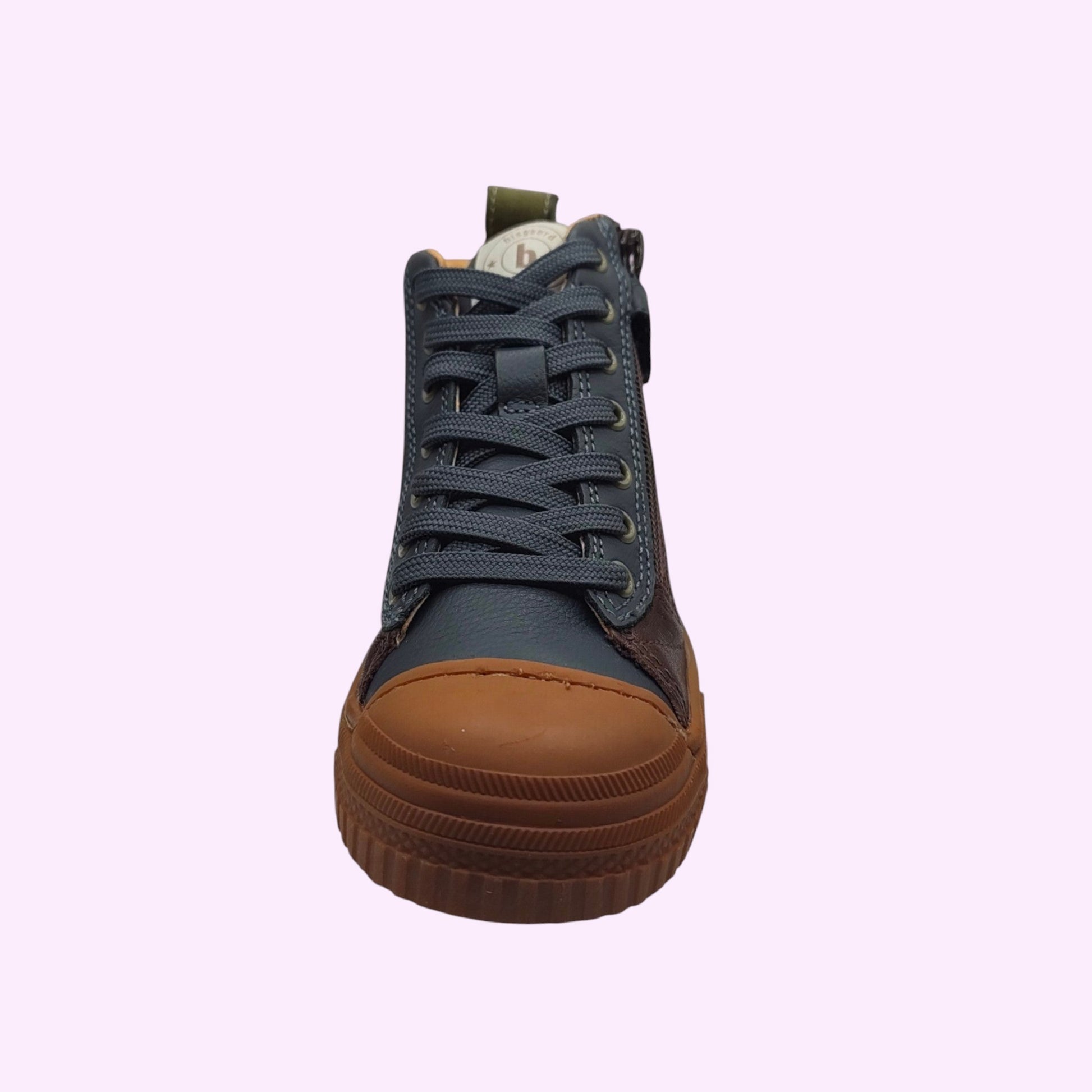 LOU kinderschoenen Bisgaard hoge sneakers in bruin en blauw leder met rubberen neus, veters en zijrits