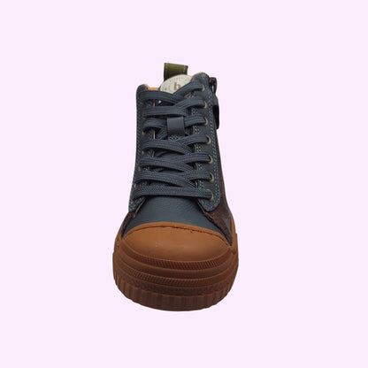 LOU kinderschoenen Bisgaard hoge sneakers in bruin en blauw leder met rubberen neus, veters en zijrits