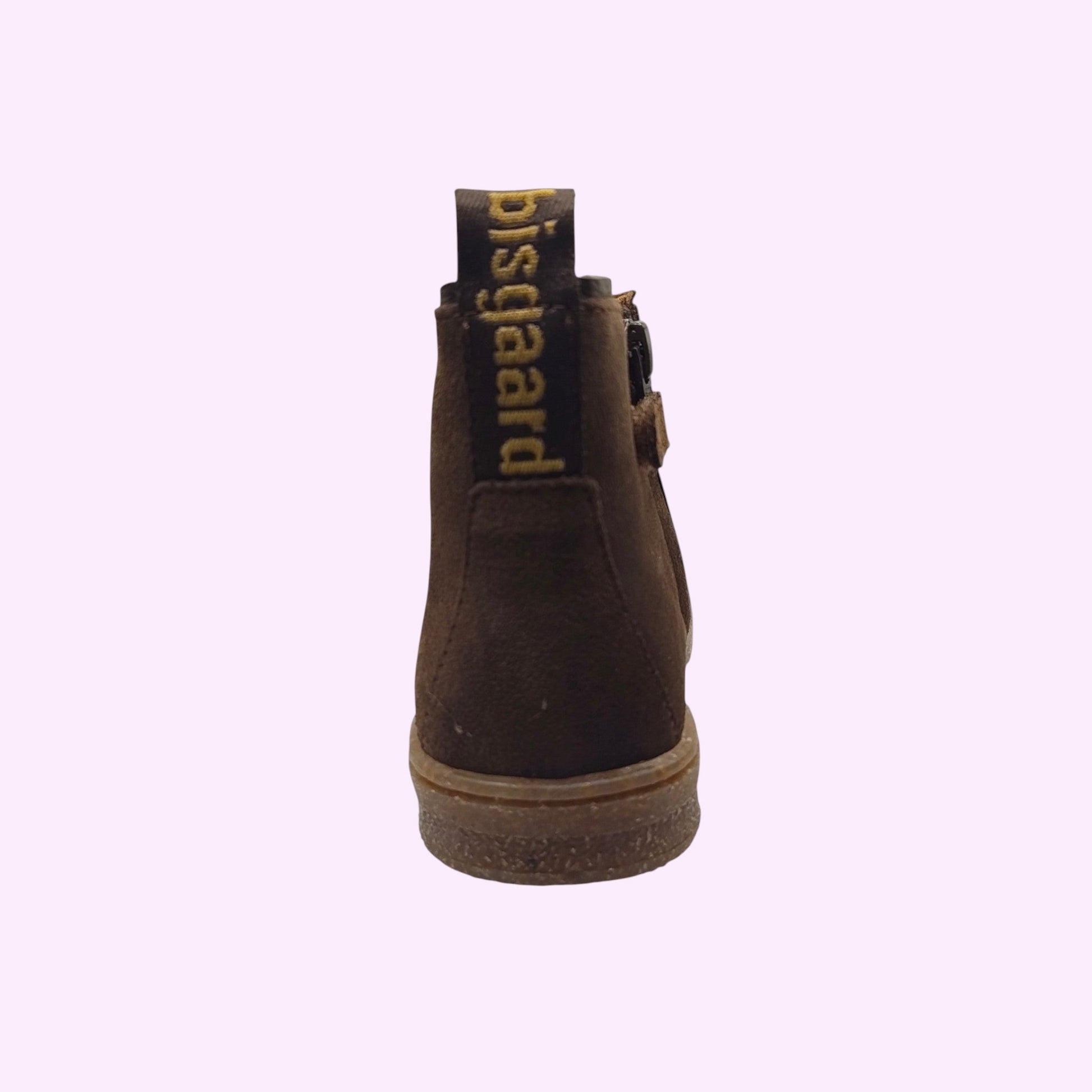 LOU kinderschoenen donkerbruine Bisgaard chelsea boots van suède met ritssluiting en stevige zool, achteraanzicht.