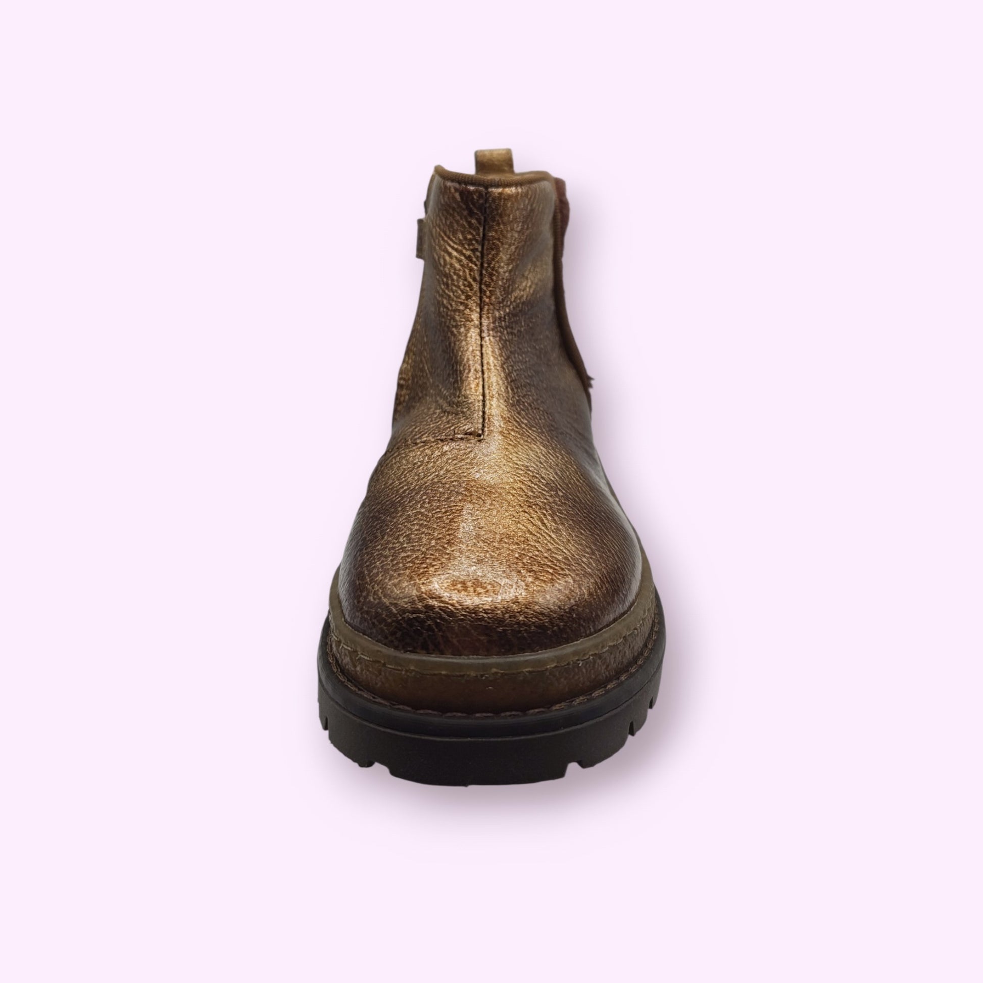 LOU kinderschoenen enkellaarsjes in metallic brons met een robuuste profielzool en een stijlvol suède achterpaneel.