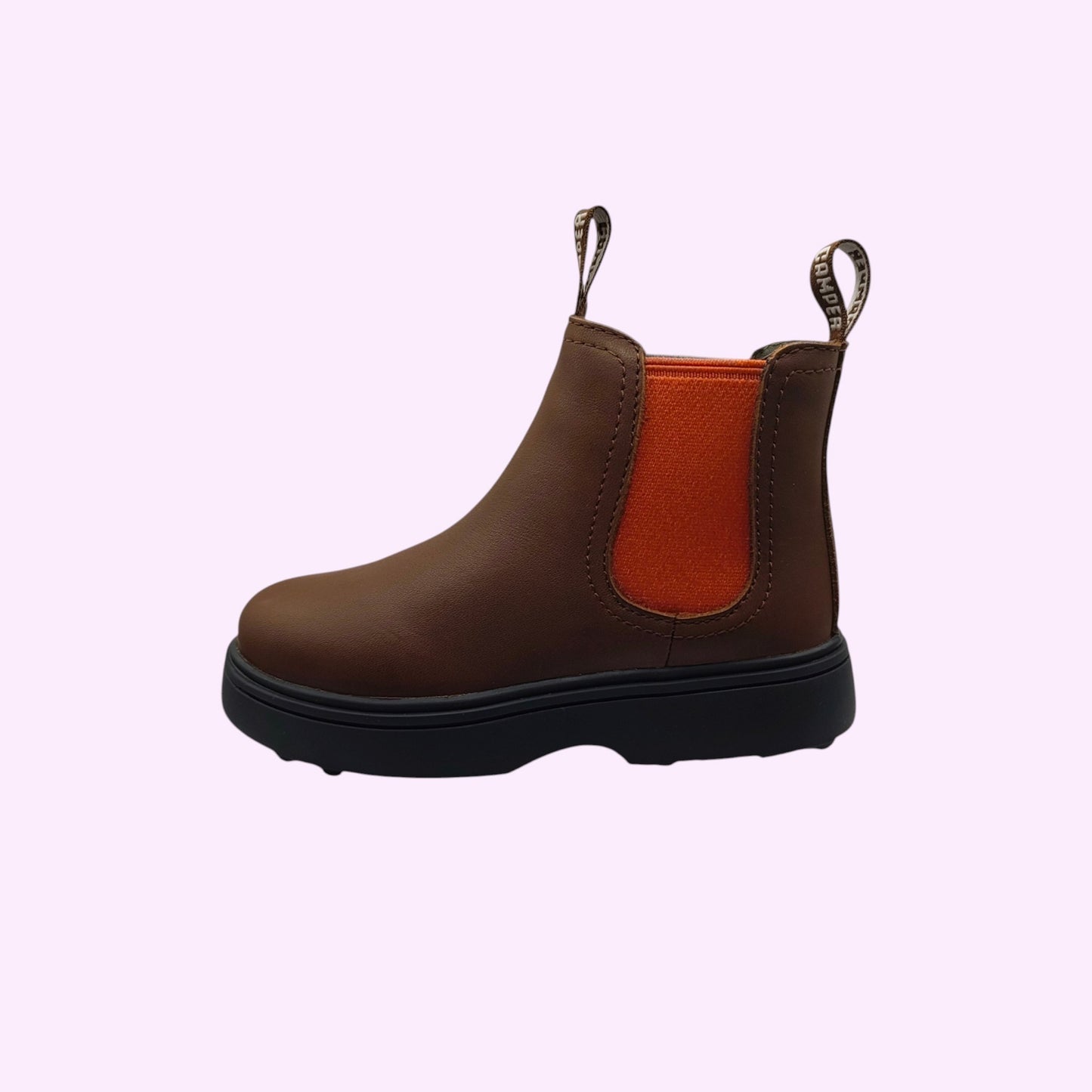 Bruine LOU kinderschoenen Camper chelsea boots van leder met oranje elastiek en zwarte profielzool
