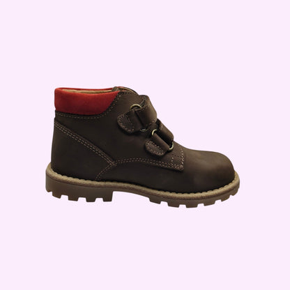LOU kinderschoenen bruine enkellaarsjes met rode accenten en klittenbandsluiting voor kinderen