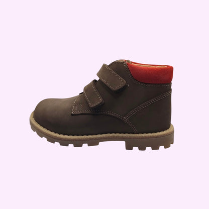 LOU kinderschoenen bruine enkellaarsjes met klittenband en opvallend rood accent bij de enkel en stevige profielzool