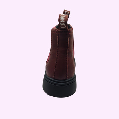 LOU kinderschoenen bruine lederen Camper Chelsea boots voor kinderen met roze elastische inzet en zwarte profielzool