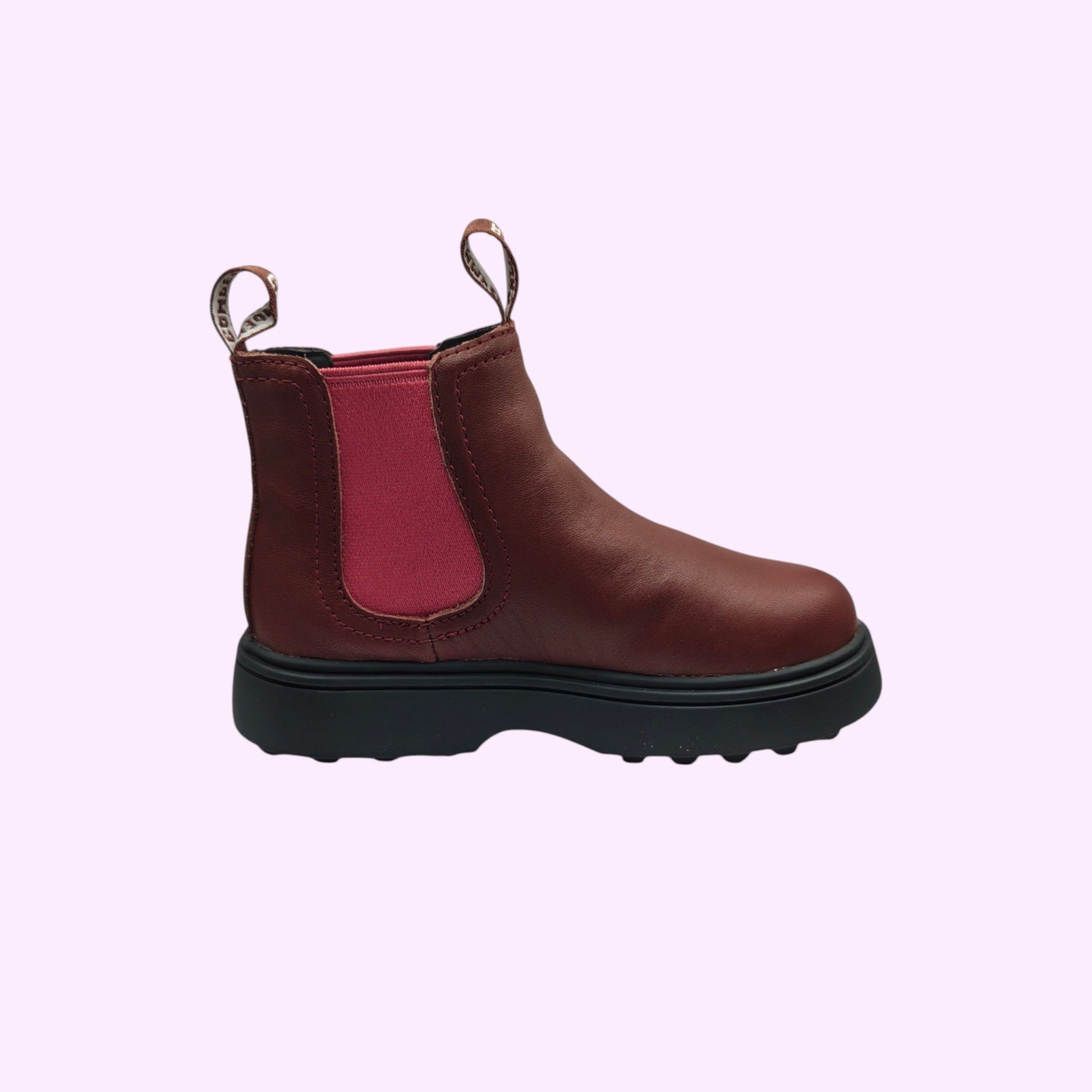 LOU kinderschoenen bruine lederen Chelsea boots met roze elastische zijpanelen en een robuuste zwarte profielzool