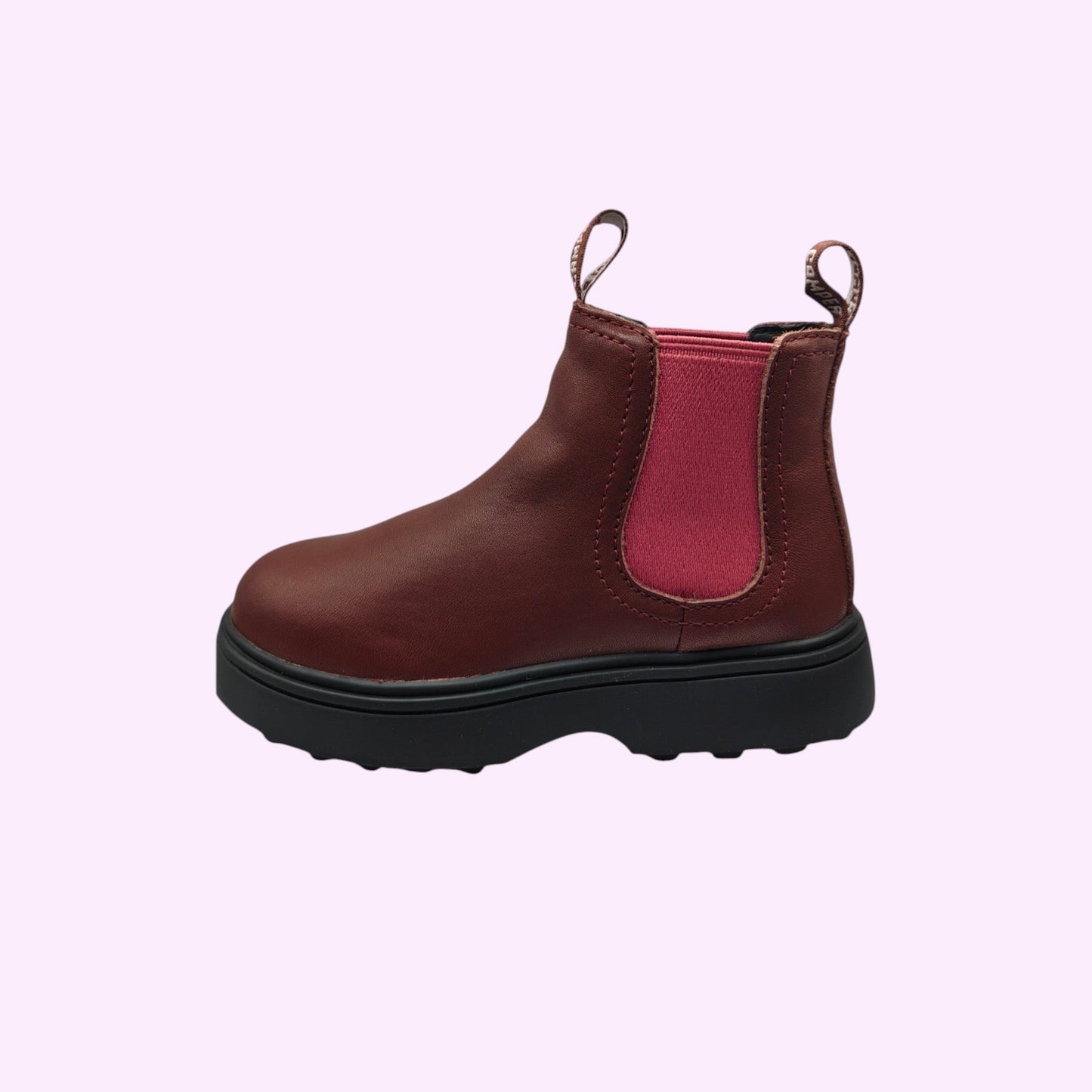 LOU kinderschoenen bruine lederen Chelsea boots voor kinderen met roze elastische zijpanelen en zwarte profielzool