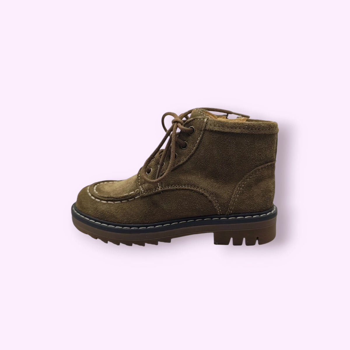 LOU kinderschoenen bruine suède enkellaarsjes voor kinderen met veters, ritssluiting en een stevige profielzool.