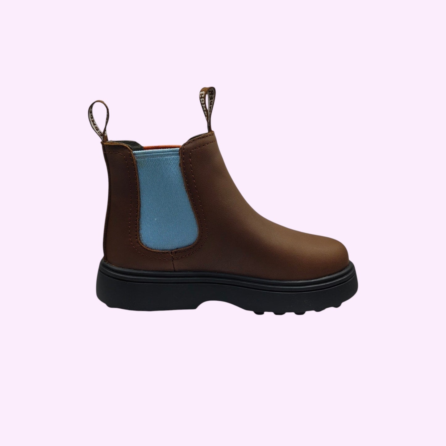 LOU kinderschoenen Camper Chelsea boots voor kinderen in bruin leder met blauwe elastische zijpanelen en zwarte zool