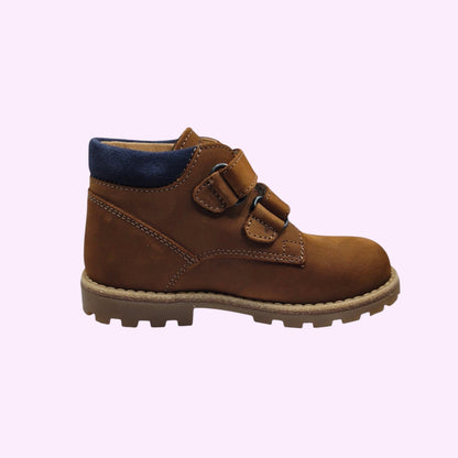 LOU kinderschoenen cognacbruine enkellaarsjes met klittenband en donkerblauwe kraag voor kinderen