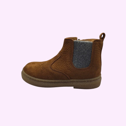 LOU kinderschoenen cognacbruine leren enkellaarsjes voor kinderen met grijze elastische inzet en stevige zool