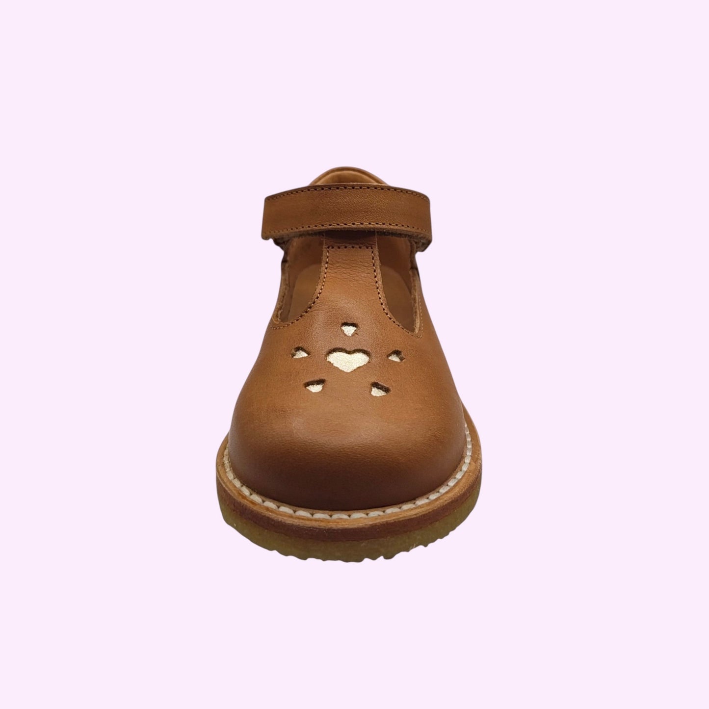 LOU kinderschoenen cognacbruine leren T-strap schoentjes met hartvormige uitsparingen en klittenbandsluiting