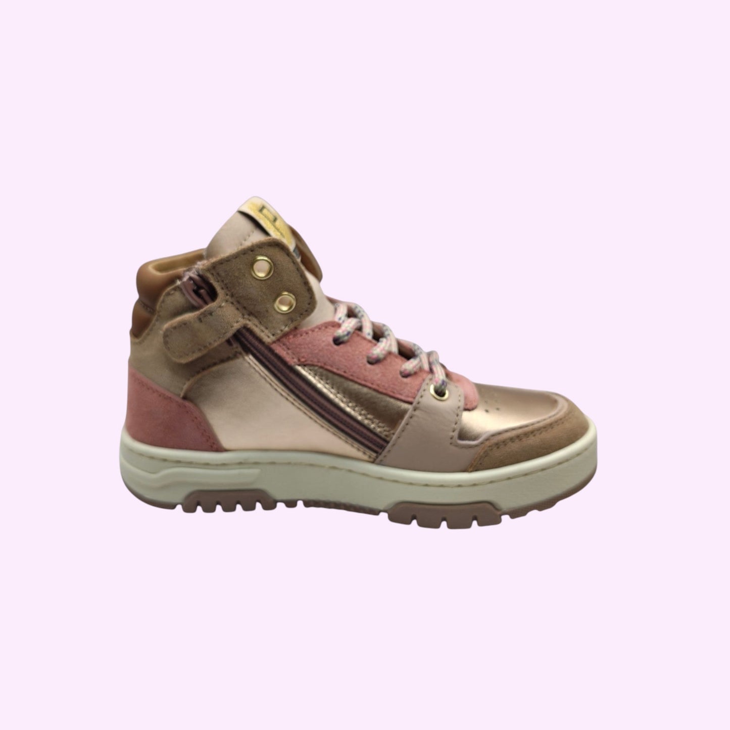 LOU kinderschoenen handgemaakte high-top sneakers in metallic goud, roze en bruin met ritssluiting en stevige zool