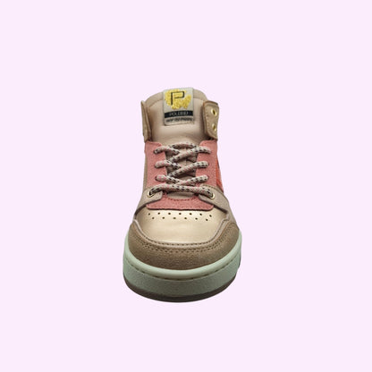 LOU kinderschoenen handgemaakte high-top sneakers in metallic goud, roze en bruin met veters en gewatteerde kraag.