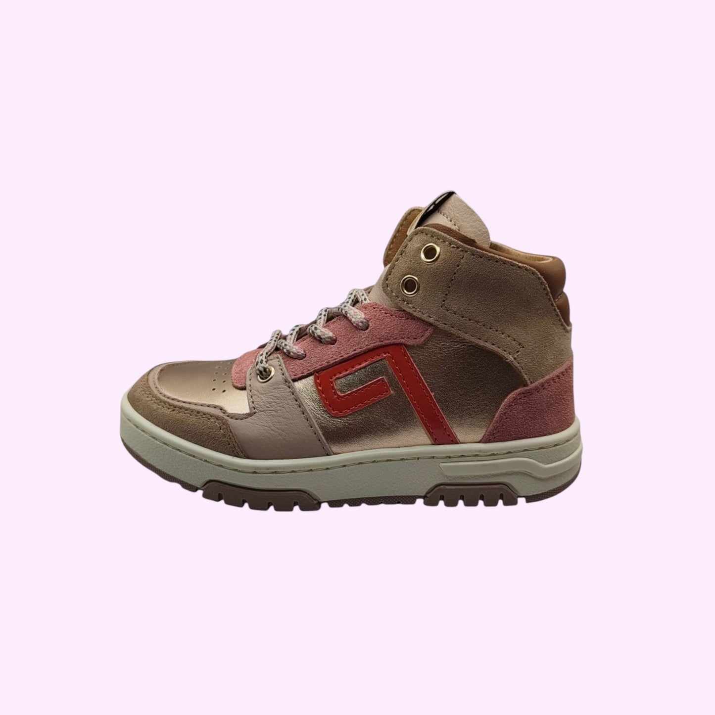 LOU kinderschoenen handgemaakte high-top sneakers in metallic goud, roze en bruin suède met veters en ritssluiting.