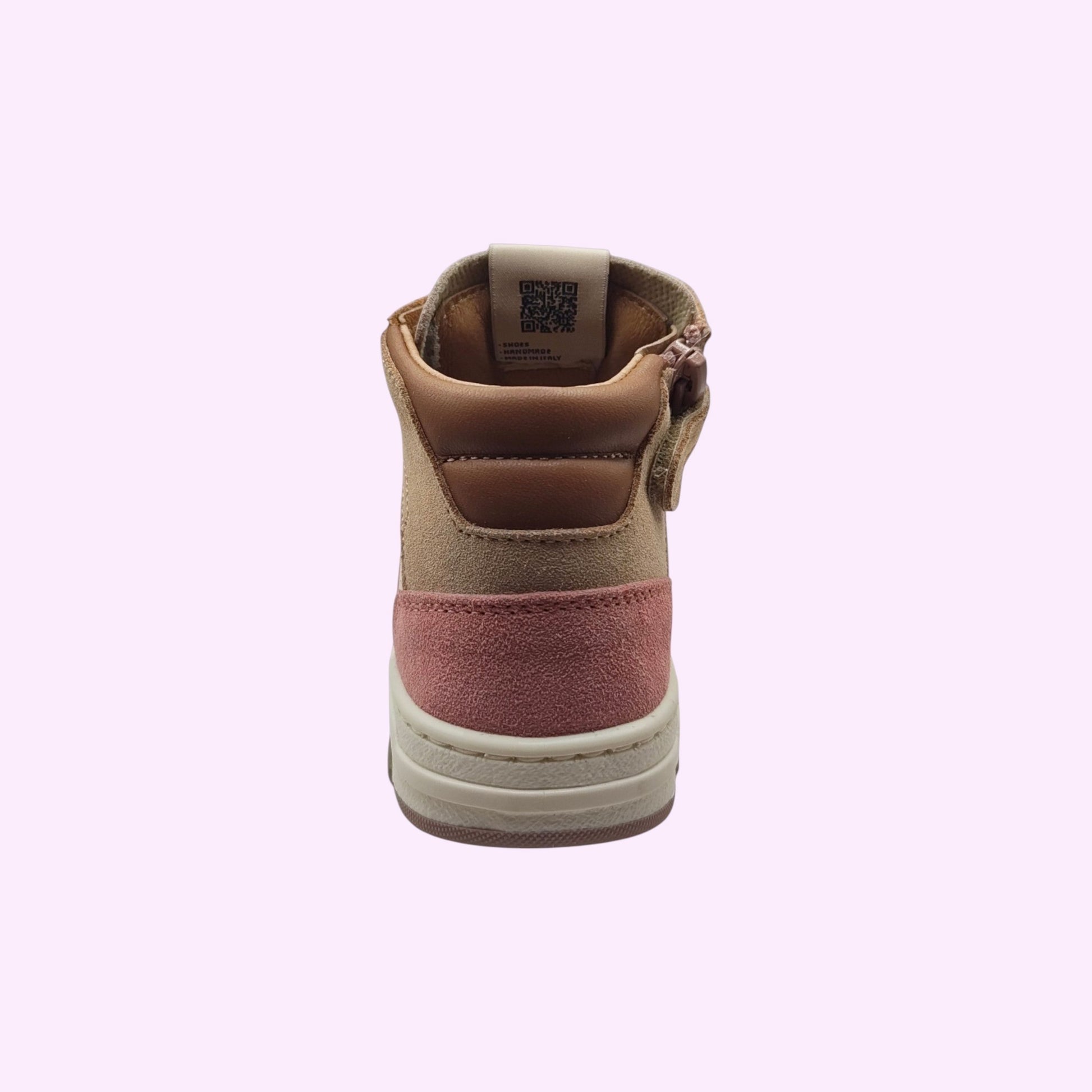 LOU kinderschoenen handgemaakte high-top sneakers in roze, bruin en goud met gewatteerde enkelkraag en ritssluiting