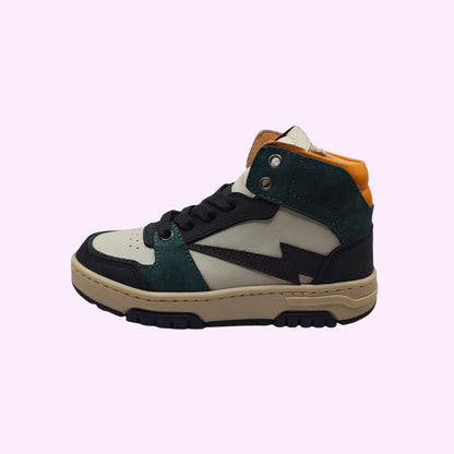 LOU kinderschoenen hoge sneakers in groen, zwart en beige met oranje accenten en een bliksemschicht-detail op de zijkant