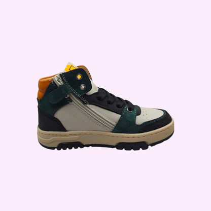 LOU kinderschoenen hoge sneakers in groen, zwart en beige met oranje accenten, rits en veters voor kinderen.