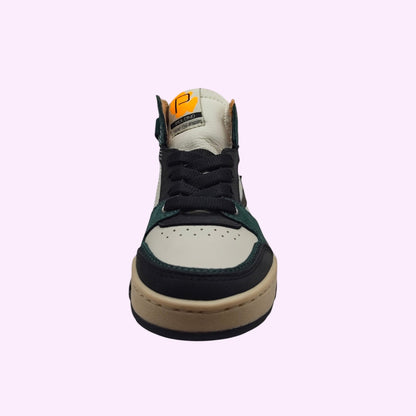 LOU kinderschoenen hoge sportieve sneakers in groen, zwart en beige met oranje accenten en vetersluiting