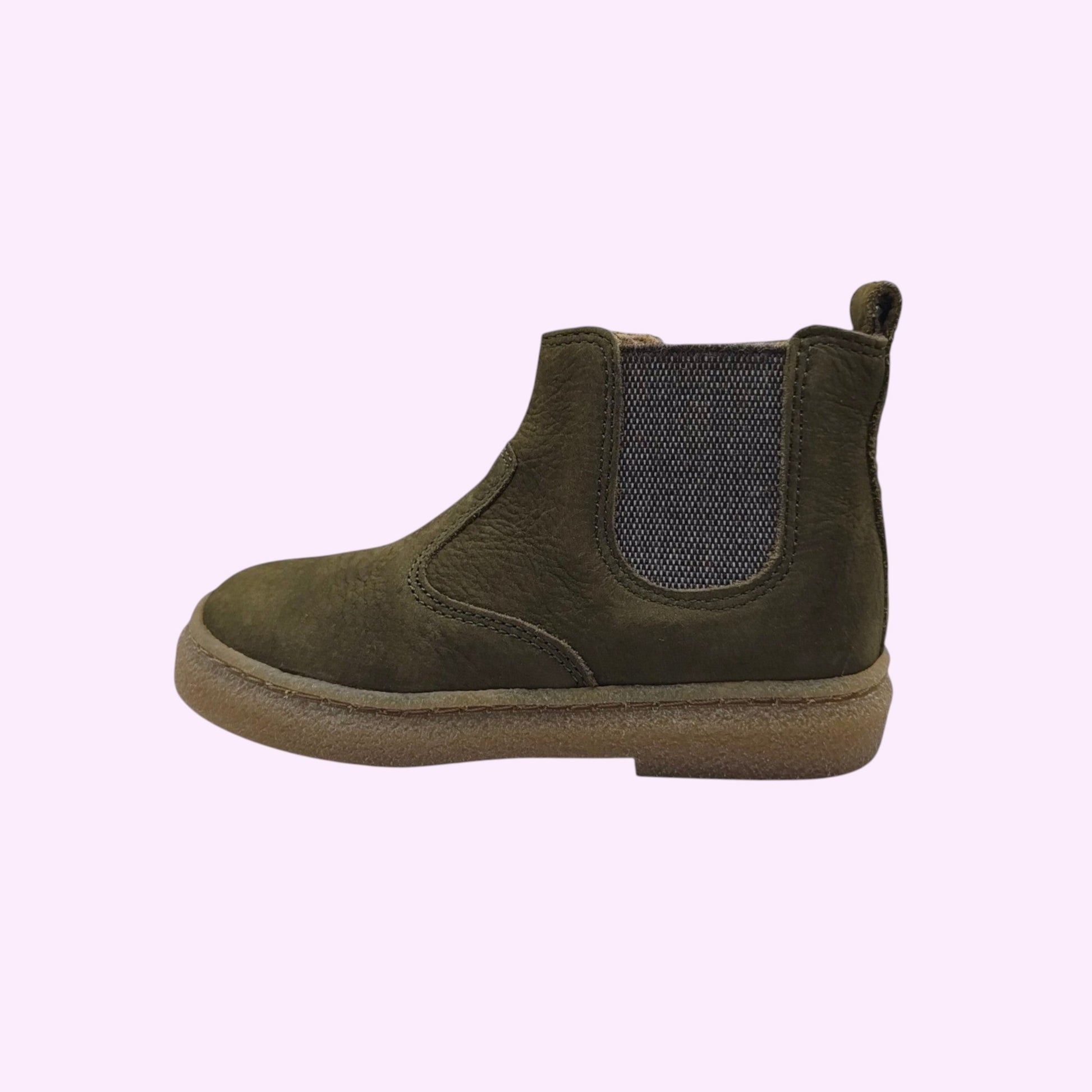 LOU kinderschoenen olijfgroene leren chelsea boots voor kinderen met elastische inzet en robuuste crèmekleurige zool