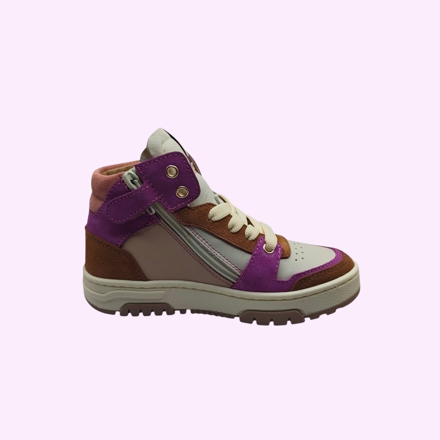 LOU kinderschoenen hoge sneakers in paars, bruin en grijs suède met ritssluiting en robuuste zool voor kinderen