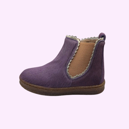LOU kinderschoenen paarse enkellaarsjes met textuur, geschulpte randen en bruine zool voor kinderen