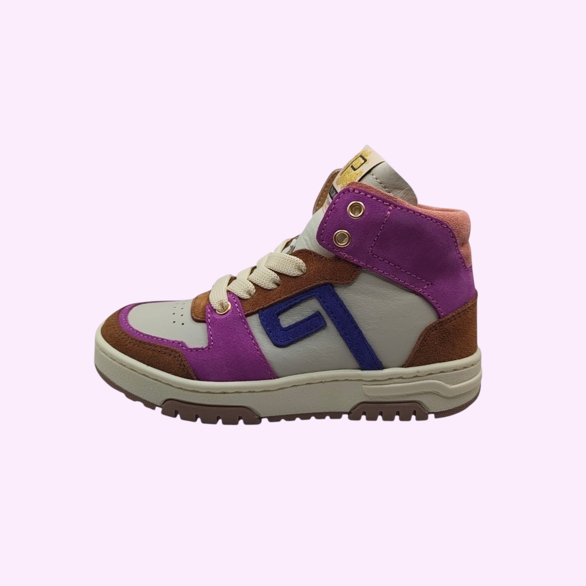 LOU kinderschoenen hoge sneakers in paars, bruin en grijs suède en leer met veters en robuuste zool