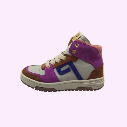 LOU kinderschoenen hoge sneakers in paars, bruin en grijs suède en leer met veters en robuuste zool