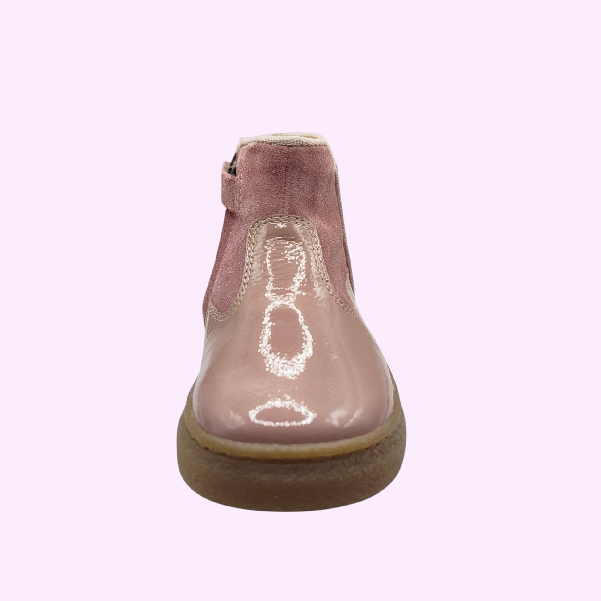 LOU kinderschoenen roze enkellaarsjes voor kinderen in glanzend lakleer en suède met een flexibele zool.